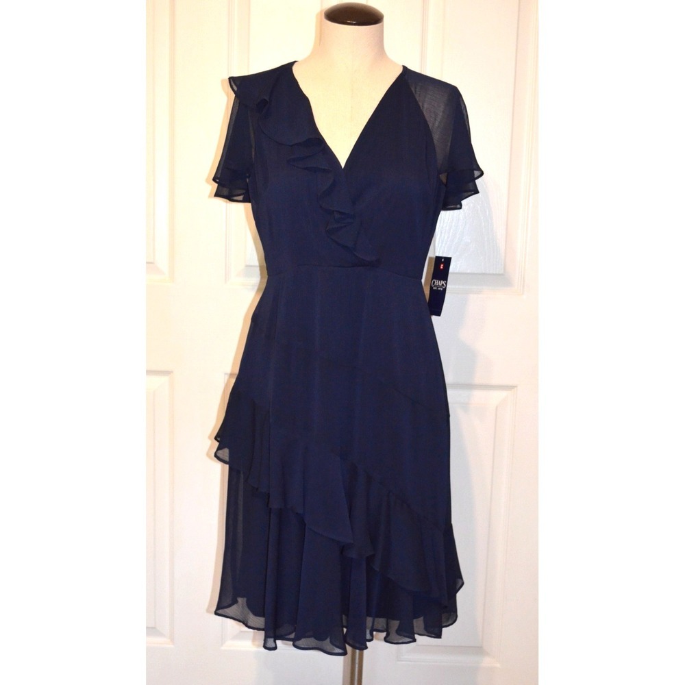 Chaps Short Flutter Sleeve V-Neck Navy Blue Fit & Flare Women's 8 Nwt's